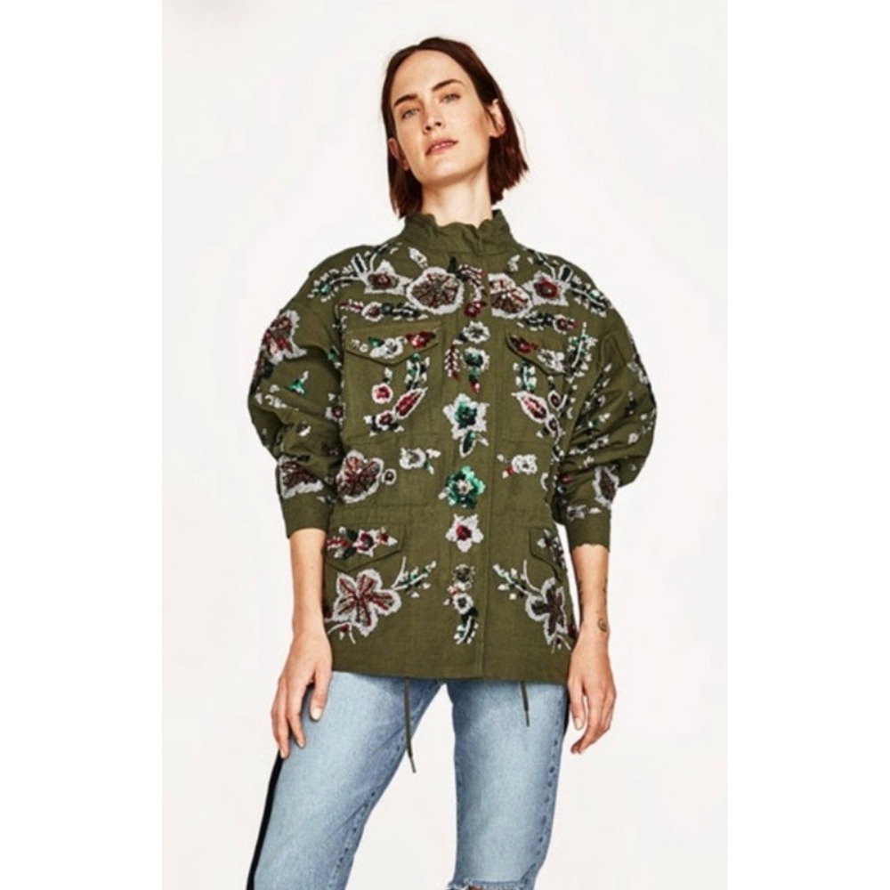 Zara Basic Utility Jacket Women M Olive Green Sequin Floral Boho Bling Military